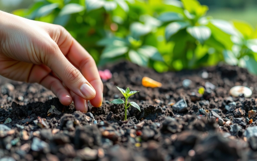 Mână care plantează o sămânță într-un sol fertil, simbolizând creștere și regenerare