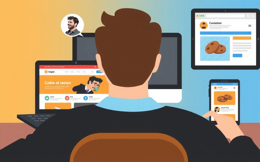 Ilustrație a unui utilizator care vede reclame personalizate pe diferite dispozitive, reprezentând publicitatea bazată pe cookie-uri