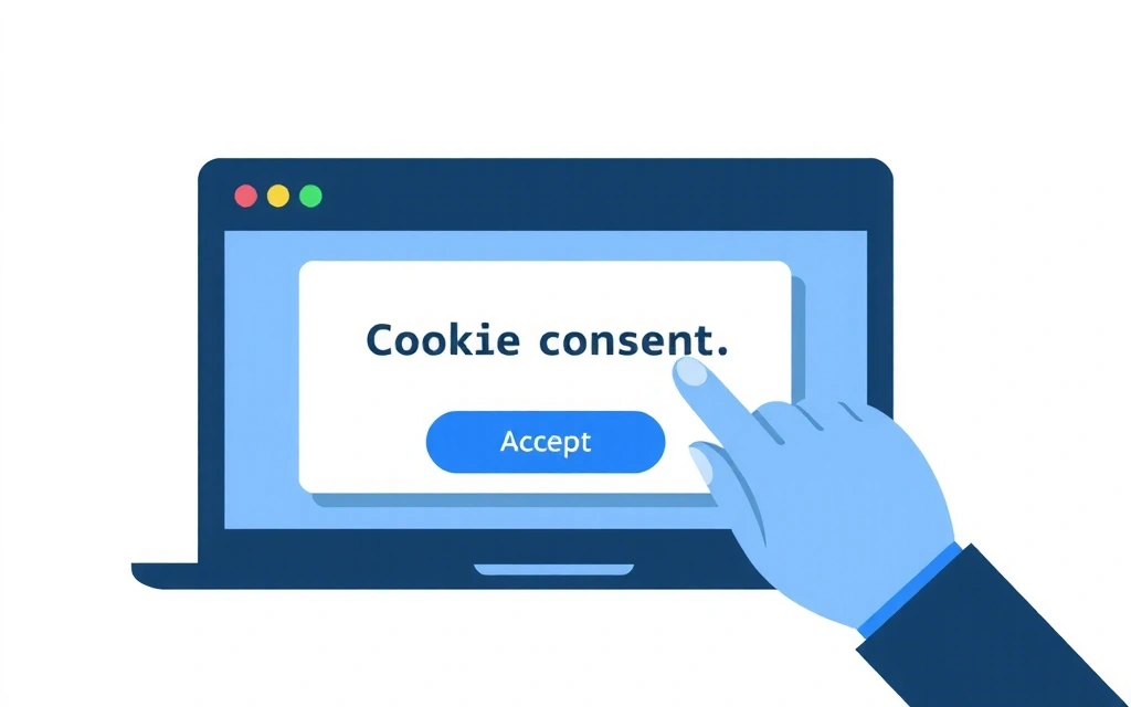 Imagine conceptuală a unui browser web care afișează o notificare de consimțământ pentru cookie-uri