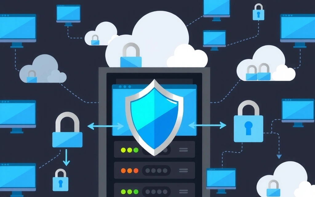 Ilustrație cu un server securizat și conexiuni criptate